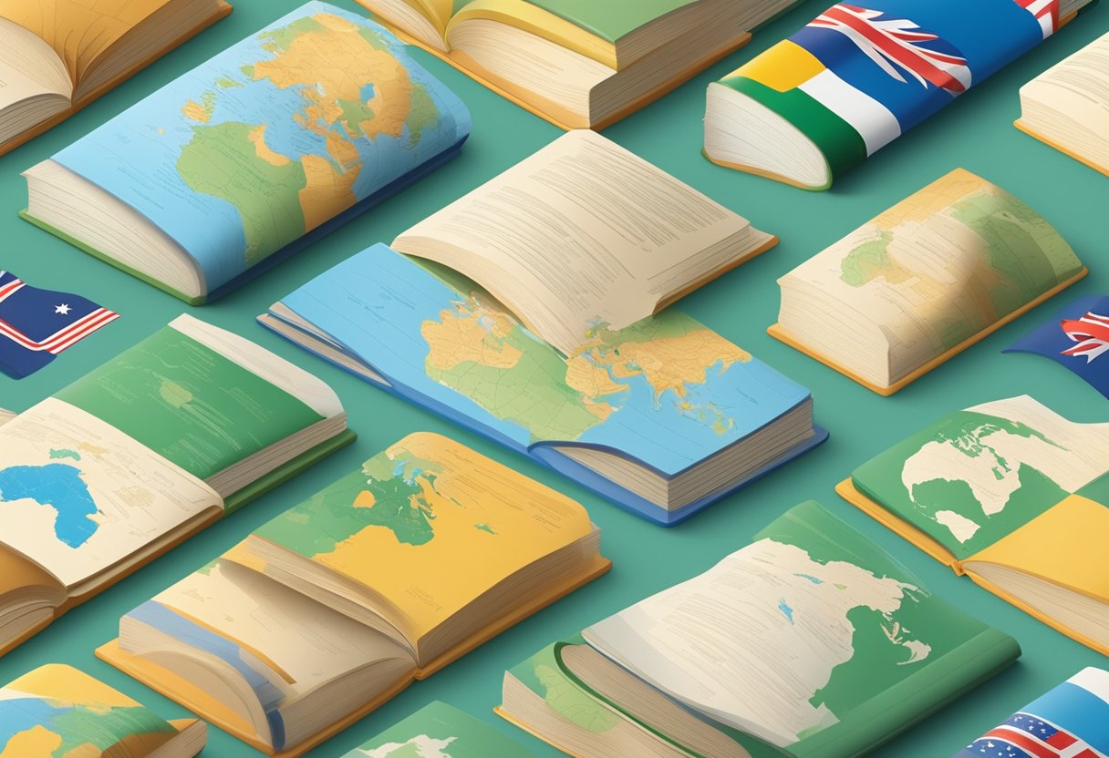 A diverse collection of baby name books and a world map with flags