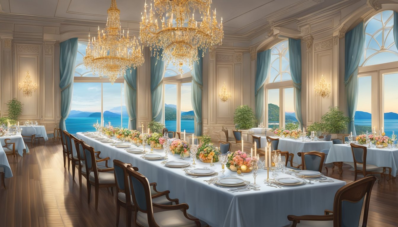 A grand dining hall with elegant chandeliers, overlooking a serene bay with boats. Tables are set with fine china and crystal glasses, while the aroma of fresh seafood fills the air
