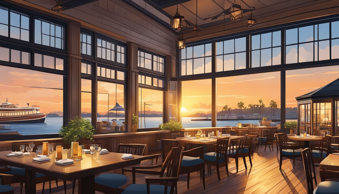 A bustling waterfront restaurant with outdoor seating and a view of the harbor. The sun sets behind the elegant building, casting a warm glow over the scene