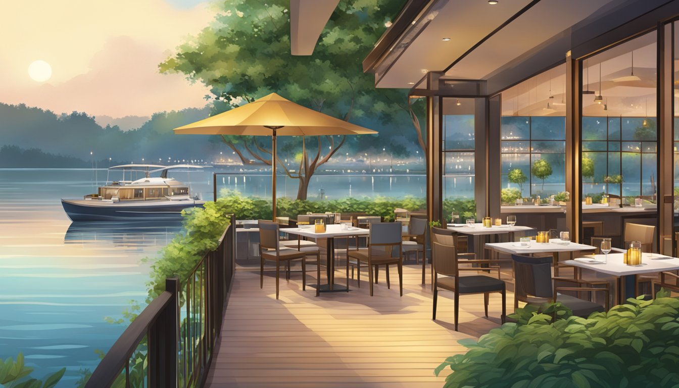 A serene waterfront scene with a modern restaurant nestled among lush greenery and overlooking the calm waters