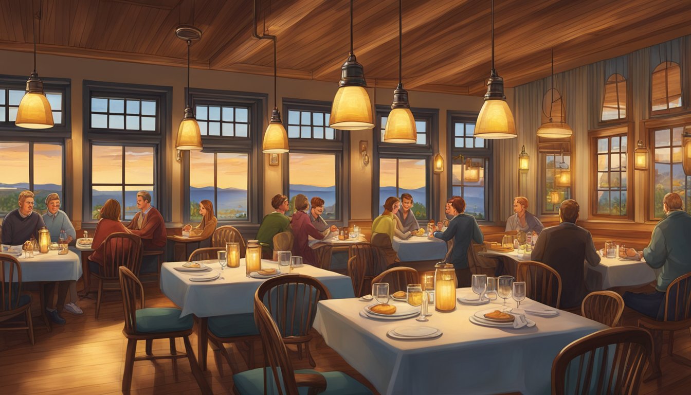The warm glow of pendant lights illuminates the cozy dining area, while the sound of clinking glasses and laughter fills the air at Mosmans restaurant