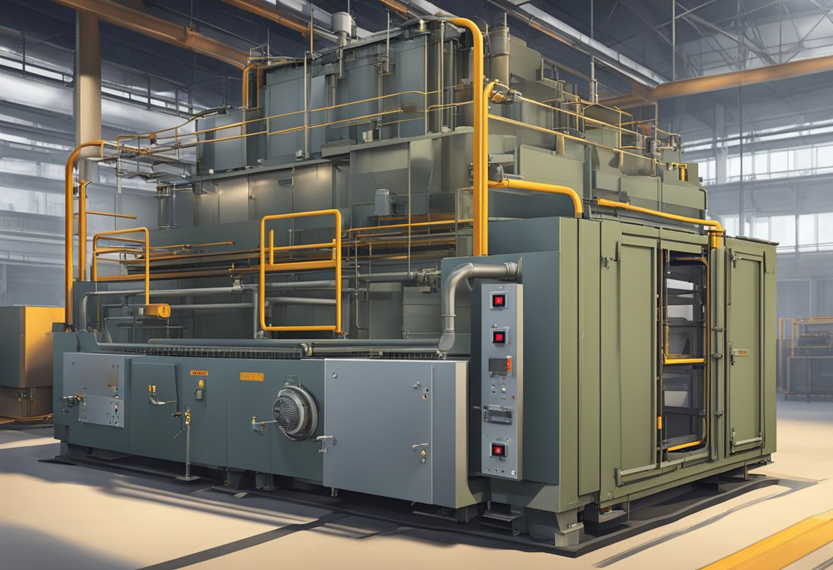 A trolley type resistance furnace with control panel and heating elements, surrounded by safety barriers in an industrial setting