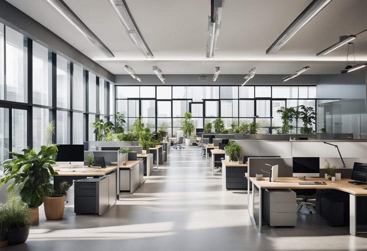 A sleek, open-plan office with glass partitions, ergonomic furniture, and a minimalist color scheme. High ceilings, natural light, and potted plants create a contemporary, professional atmosphere