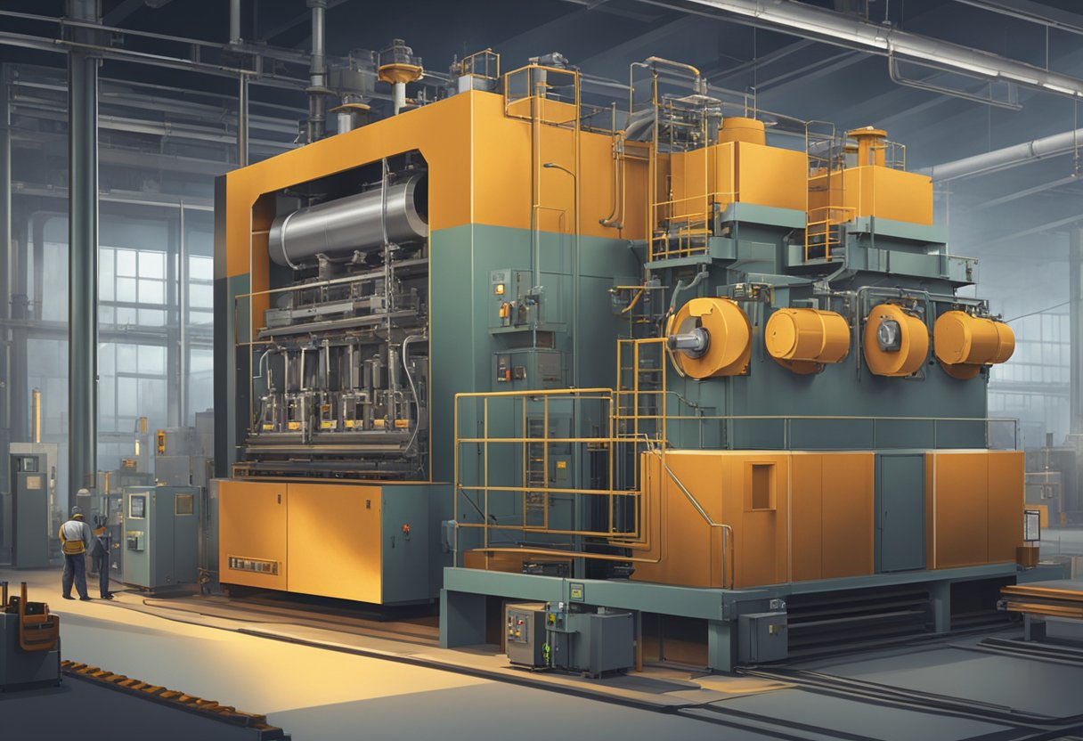 A trolley type resistance furnace in a manufacturing facility, with glowing coils and a control panel, surrounded by industrial equipment and workers