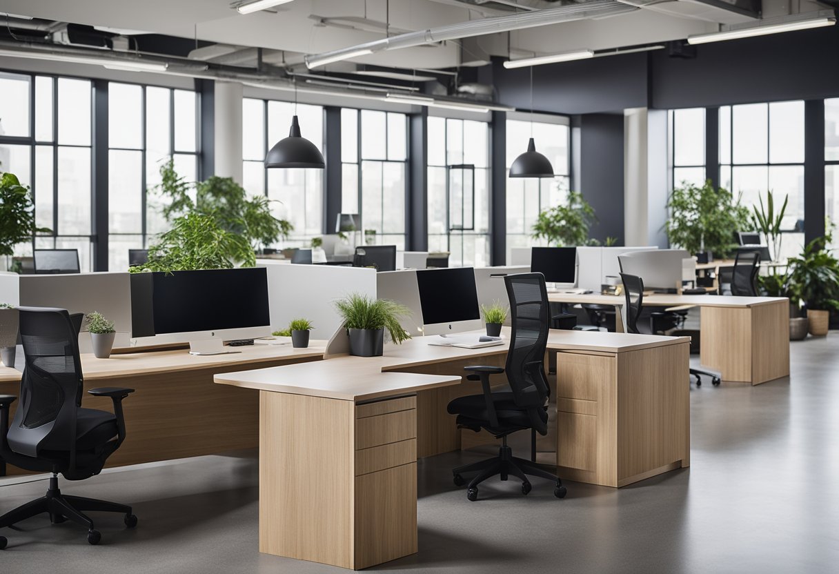 A modern corporate office with open floor plan, flexible workspaces, natural light, and greenery. Tech-integrated, ergonomic furniture, and collaborative areas