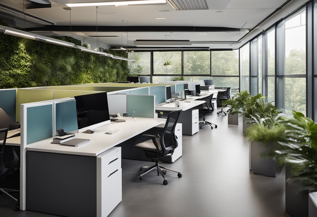 Open office layout with modular furniture, glass partitions, and collaborative work areas. Natural light, greenery, and technology integrated for productivity