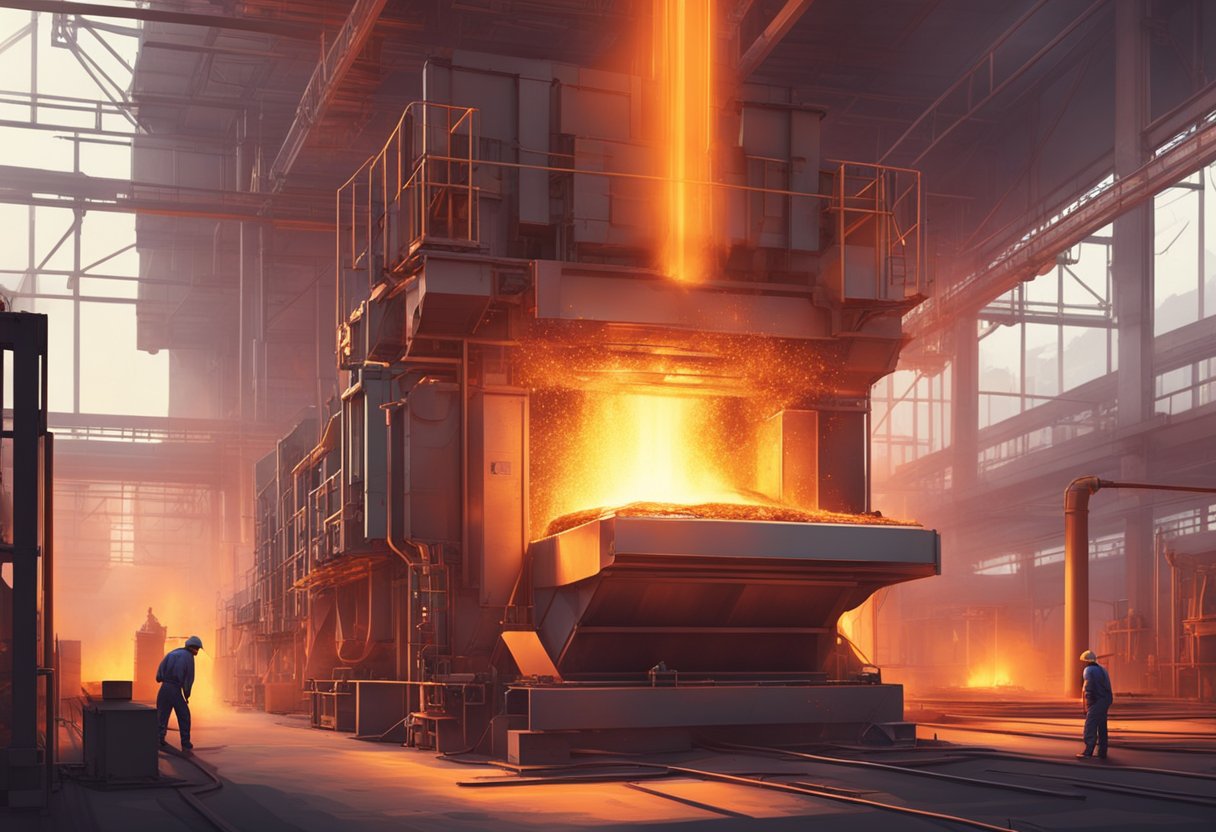 Steel furnace, glowing red, pushed by worker. Flames dance, heat radiates. Bright sparks fly