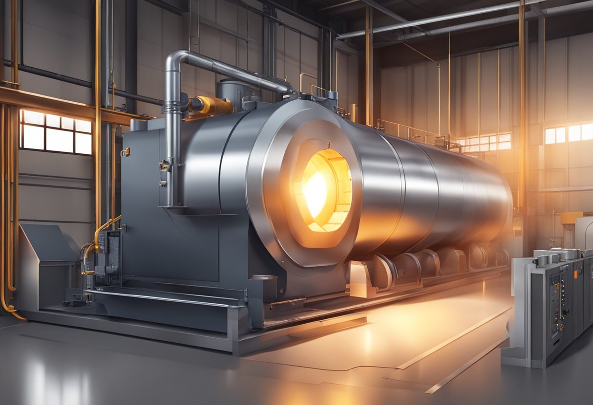 A steel heating furnace with push mechanism in operation, emitting intense heat and glowing metal within