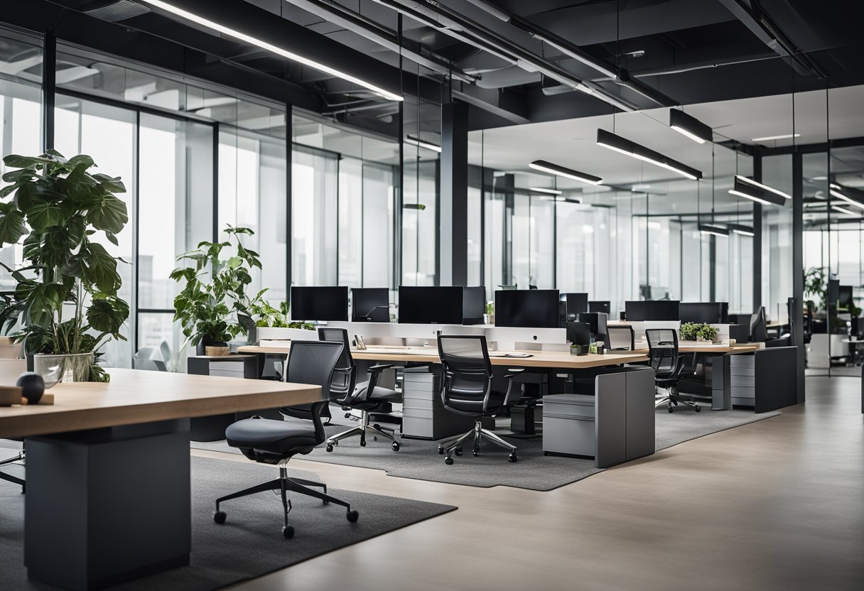 A sleek, open-plan office with glass walls, high ceilings, and modern furniture. A central collaboration area with comfortable seating and a minimalist color scheme