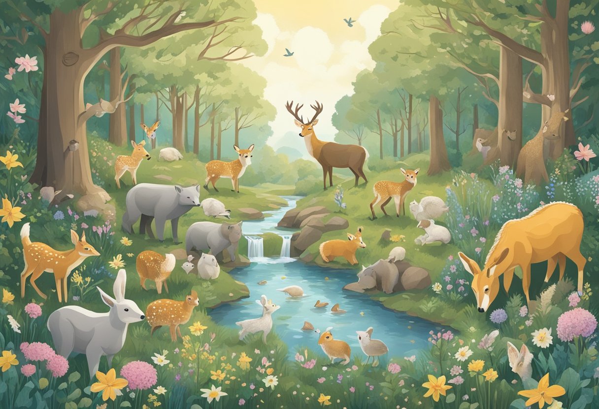 A peaceful woodland scene with a variety of baby animal names scattered amongst the trees and flowers