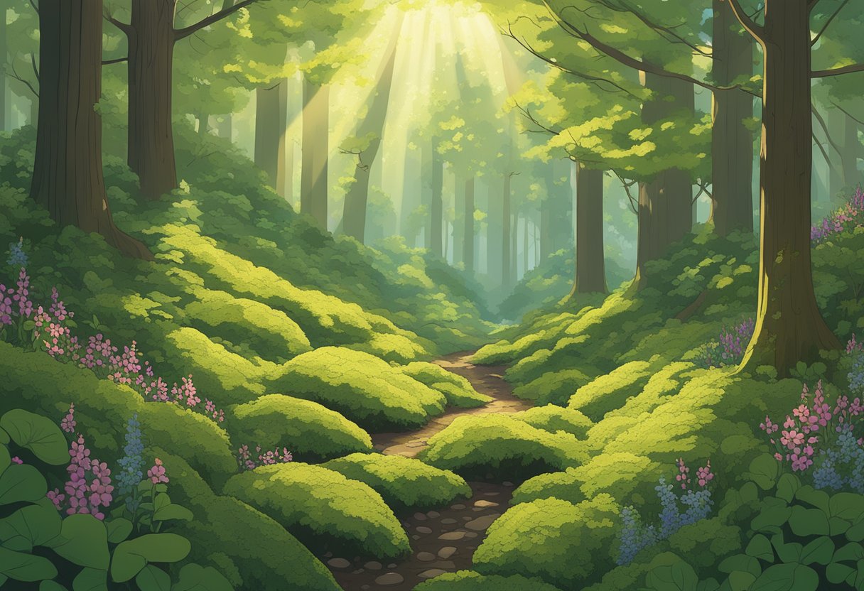 Sunlight filters through the dense canopy of a woodland, illuminating a carpet of moss and wildflowers. A gentle breeze rustles the leaves, and the air is filled with the sound of chirping birds and rustling critters