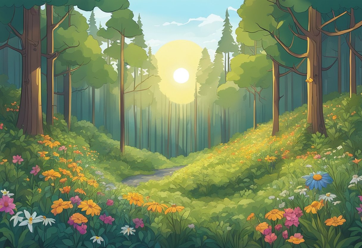 A serene forest clearing with sunlight filtering through the trees, surrounded by colorful wildflowers and small woodland creatures