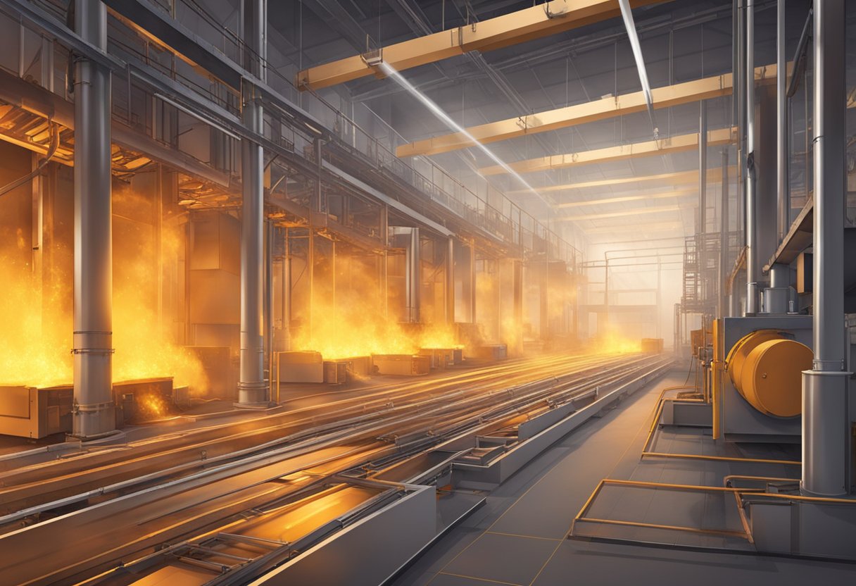 Glowing furnaces roll on industrial floor, emitting heat and sparks