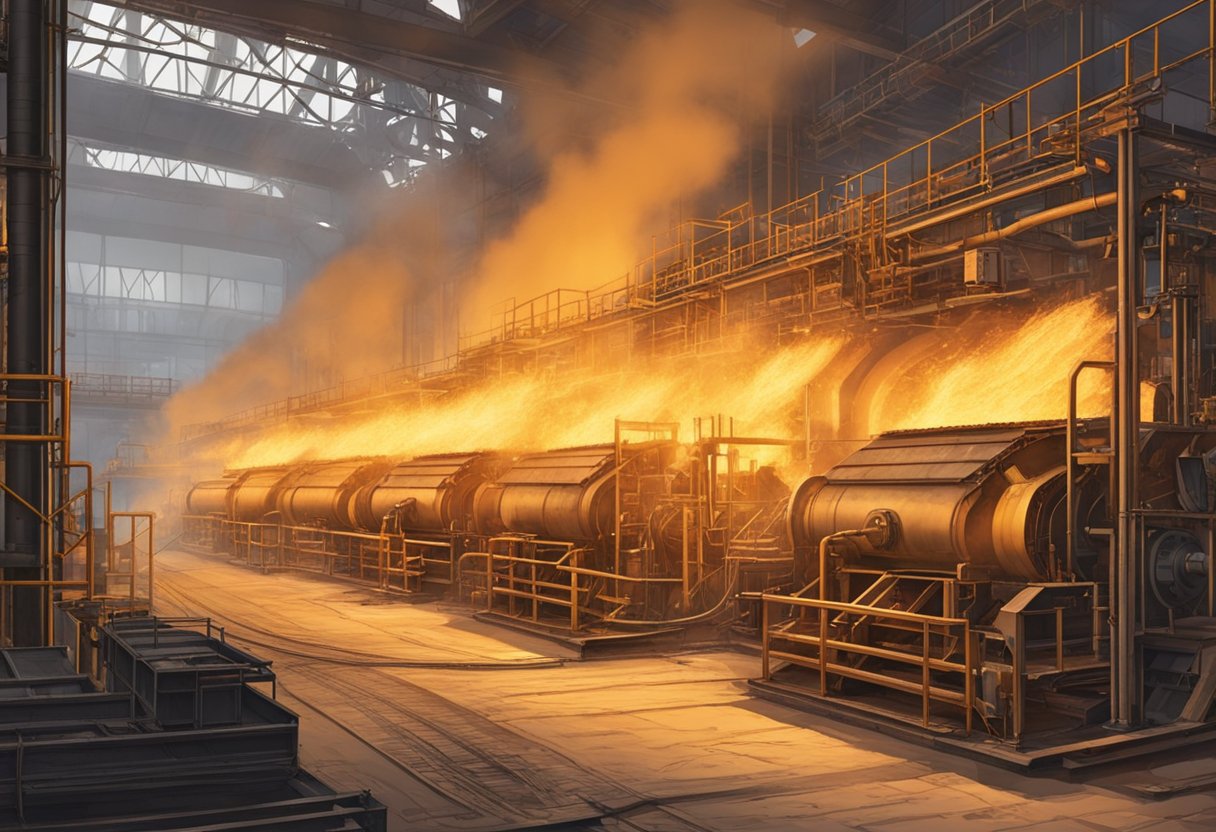 Rolling furnaces roll along a factory floor, emitting heat and sparks as they melt metal into molten form