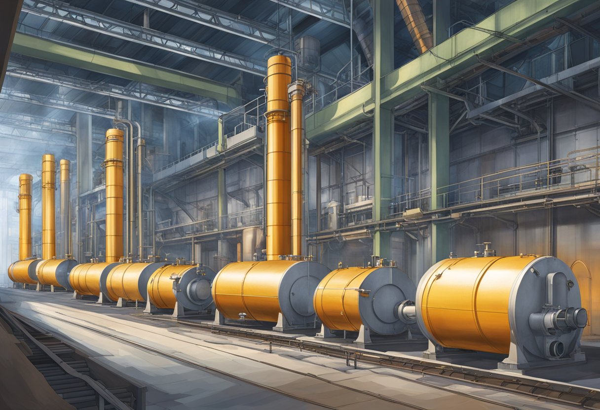 Three rolling furnaces in a row, each with a cylindrical shape and a series of vents and openings along the sides. The furnaces are in a large industrial setting with pipes and machinery surrounding them