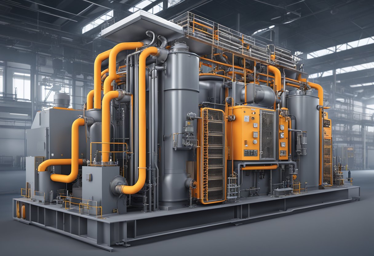 A regenerative trolley heating furnace with glowing coils and heat exchangers, surrounded by industrial machinery and control panels