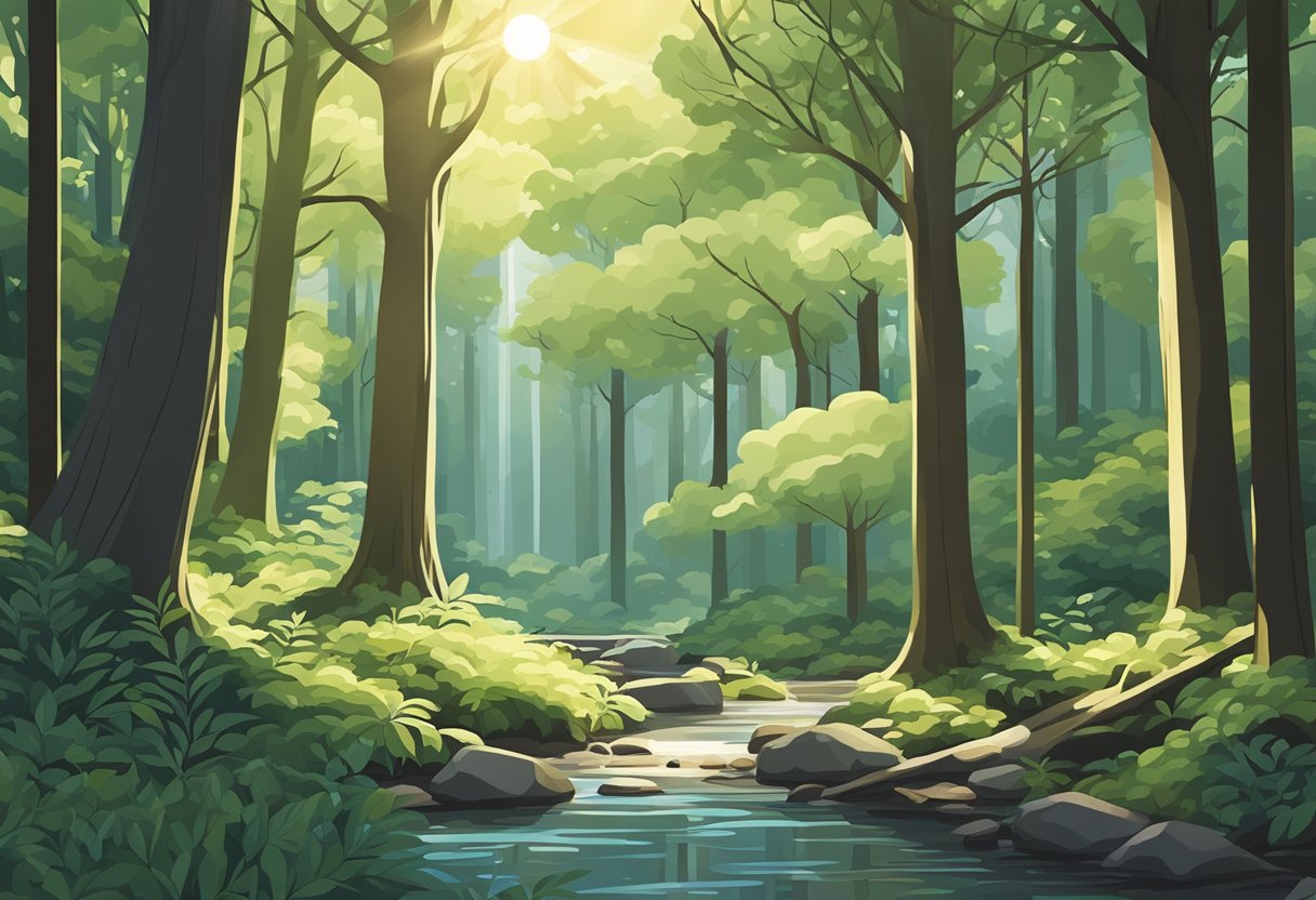 A serene forest clearing with a gentle stream, surrounded by tall, ancient trees. The sunlight filters through the leaves, casting dappled shadows on the forest floor