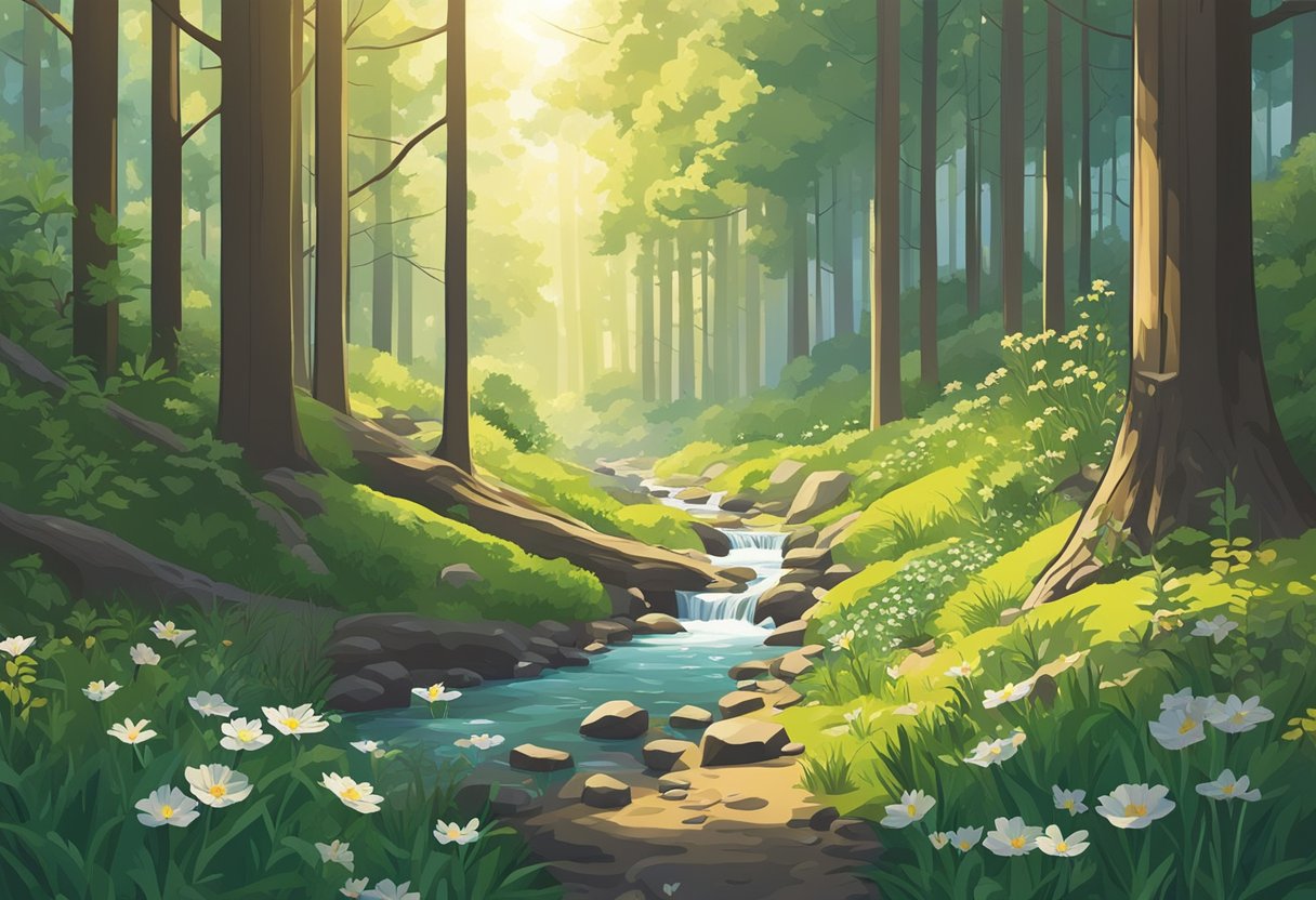 Sunlight filters through tall trees onto a forest floor. A babbling brook winds through the scene, surrounded by lush greenery and wildflowers