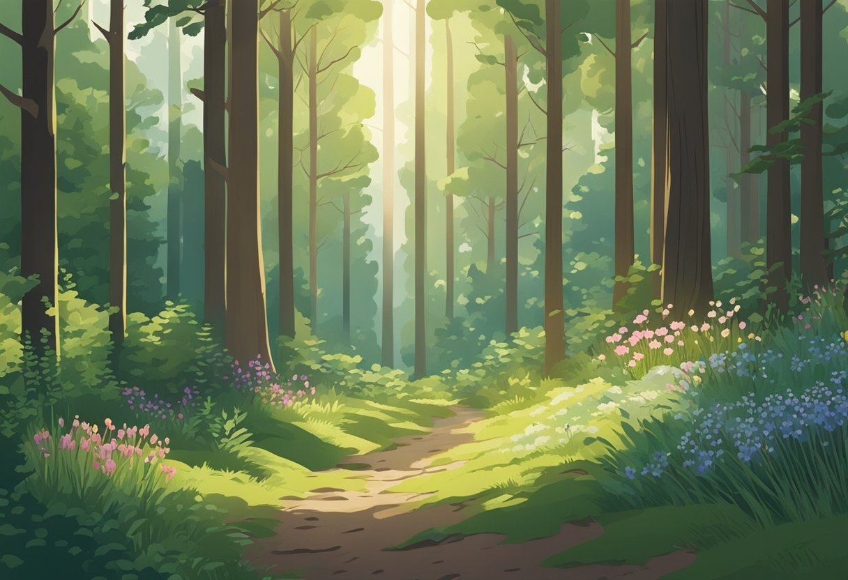 A serene forest clearing with a variety of wildflowers and tall, lush trees. The sunlight filters through the branches, casting dappled shadows on the forest floor