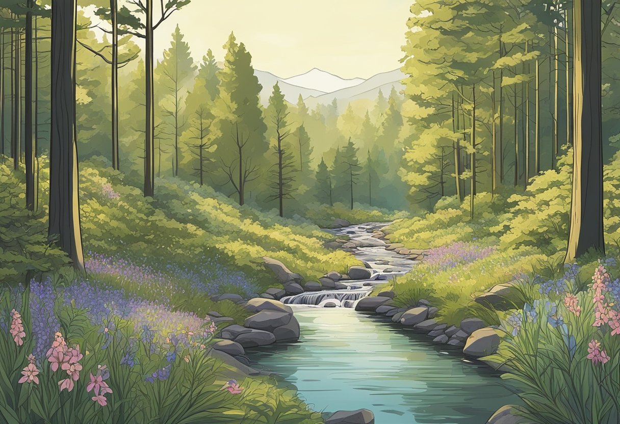 A serene forest clearing with sunlight filtering through the tall trees, a gentle stream flowing nearby, and a variety of wildflowers blooming in the underbrush