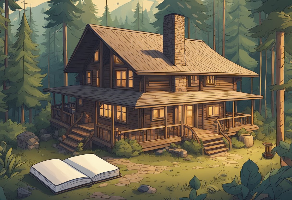 A cozy cabin nestled in a lush forest, with a warm fire burning inside. A notebook filled with nature-inspired baby names sits on a wooden table