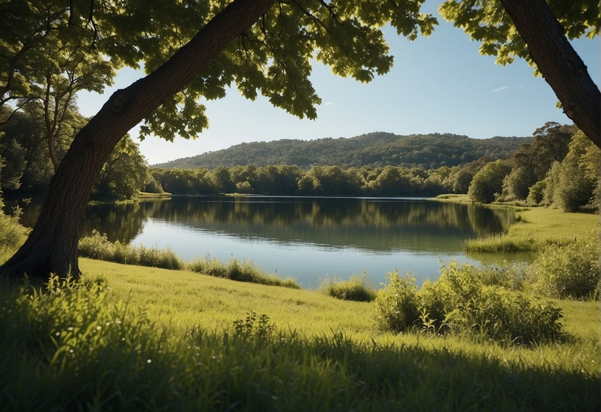 A serene landscape with a calm body of water, surrounded by lush greenery and a clear blue sky, evoking a sense of peace and tranquility