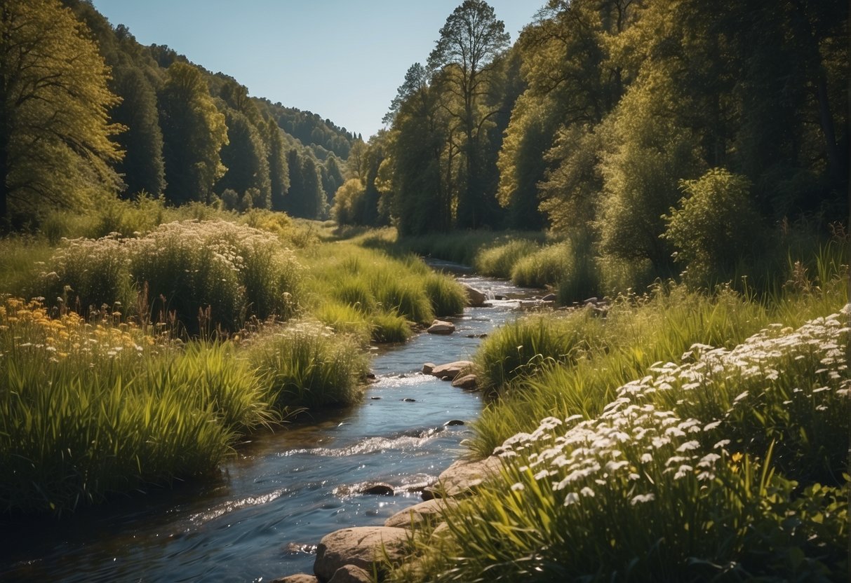 A serene landscape with a calm, flowing river, surrounded by lush greenery and vibrant flowers, under a clear blue sky