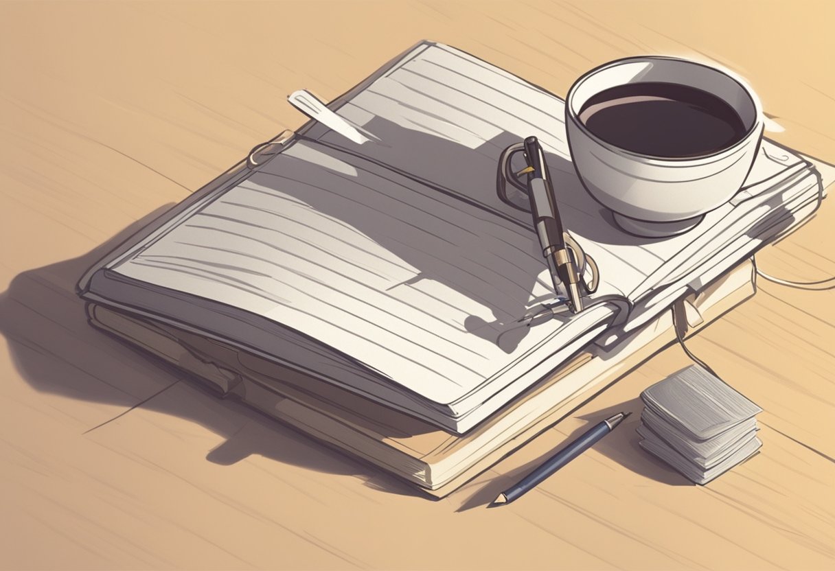 A blank notebook surrounded by baby name books, a pen, and a cup of tea on a cozy desk