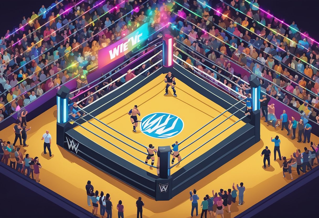 A wrestling ring with the WWE logo, surrounded by cheering fans and colorful lights, with a list of "Best Names WWE Baby Names" displayed on a big screen