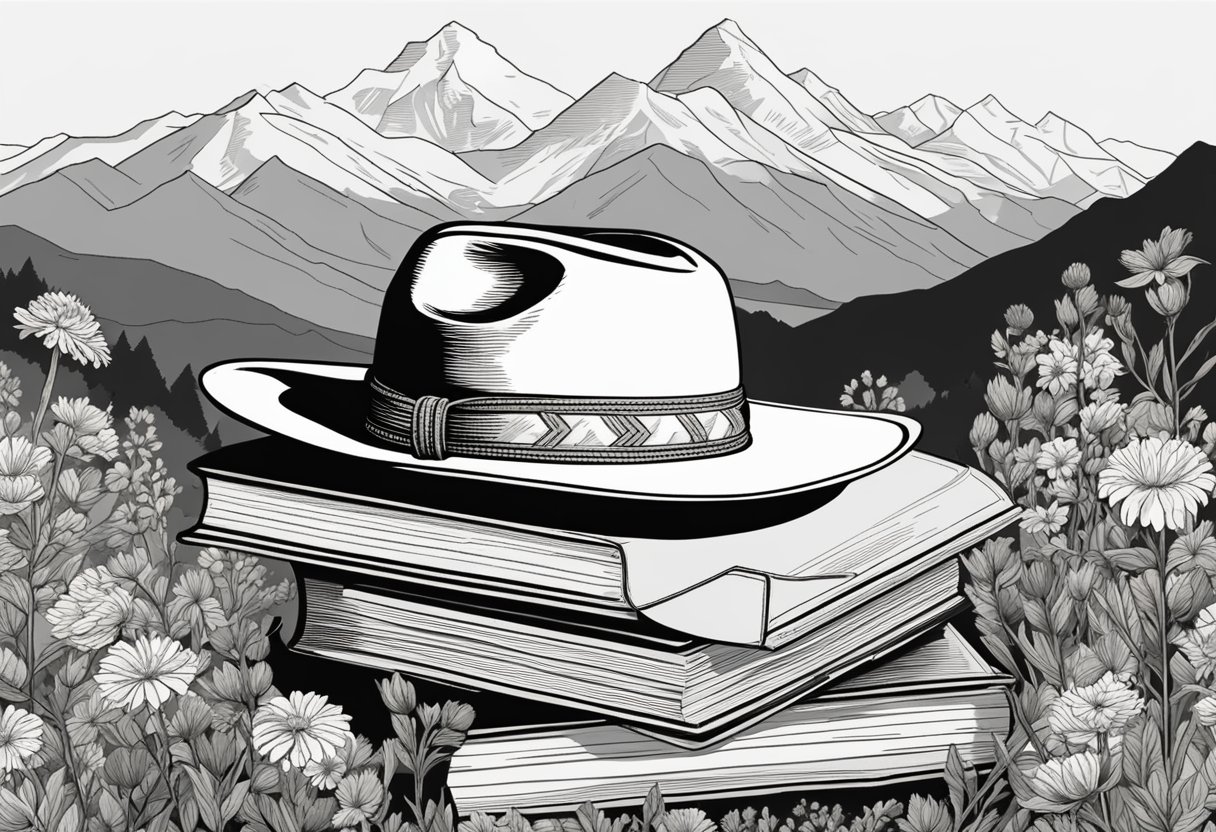 A cowboy hat sits atop a stack of books, surrounded by wildflowers and a mountain range in the background