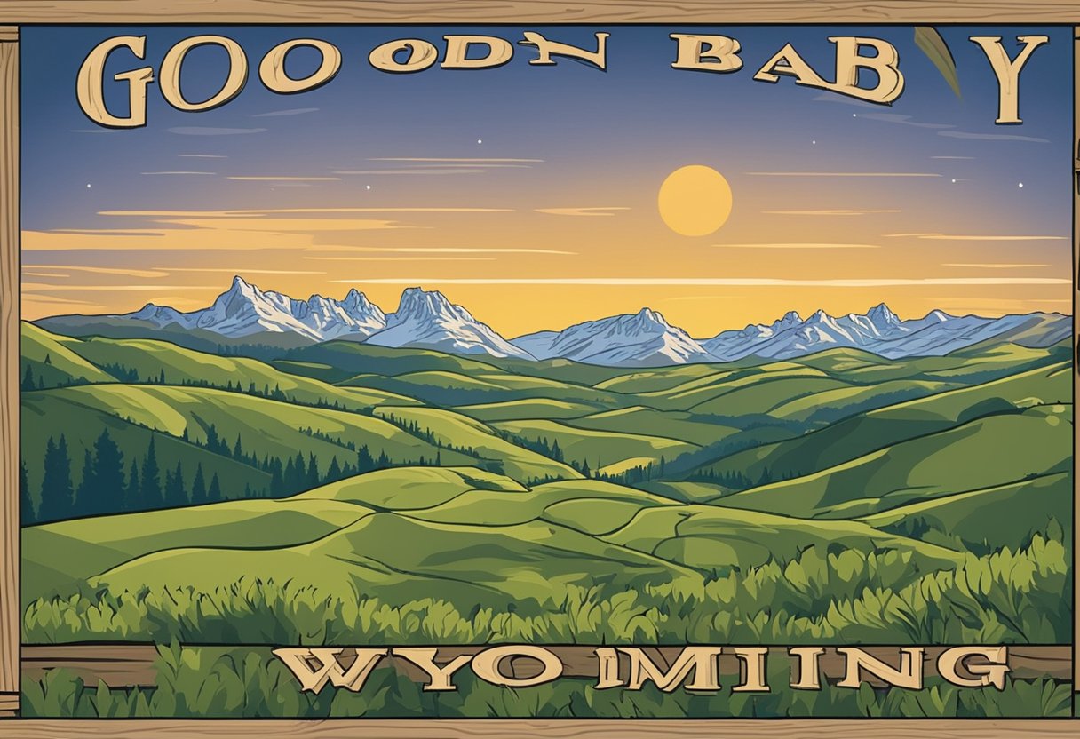 A picturesque Wyoming landscape with rolling hills, a clear blue sky, and a rustic wooden sign that reads "Good Names wyoming baby names" in bold lettering