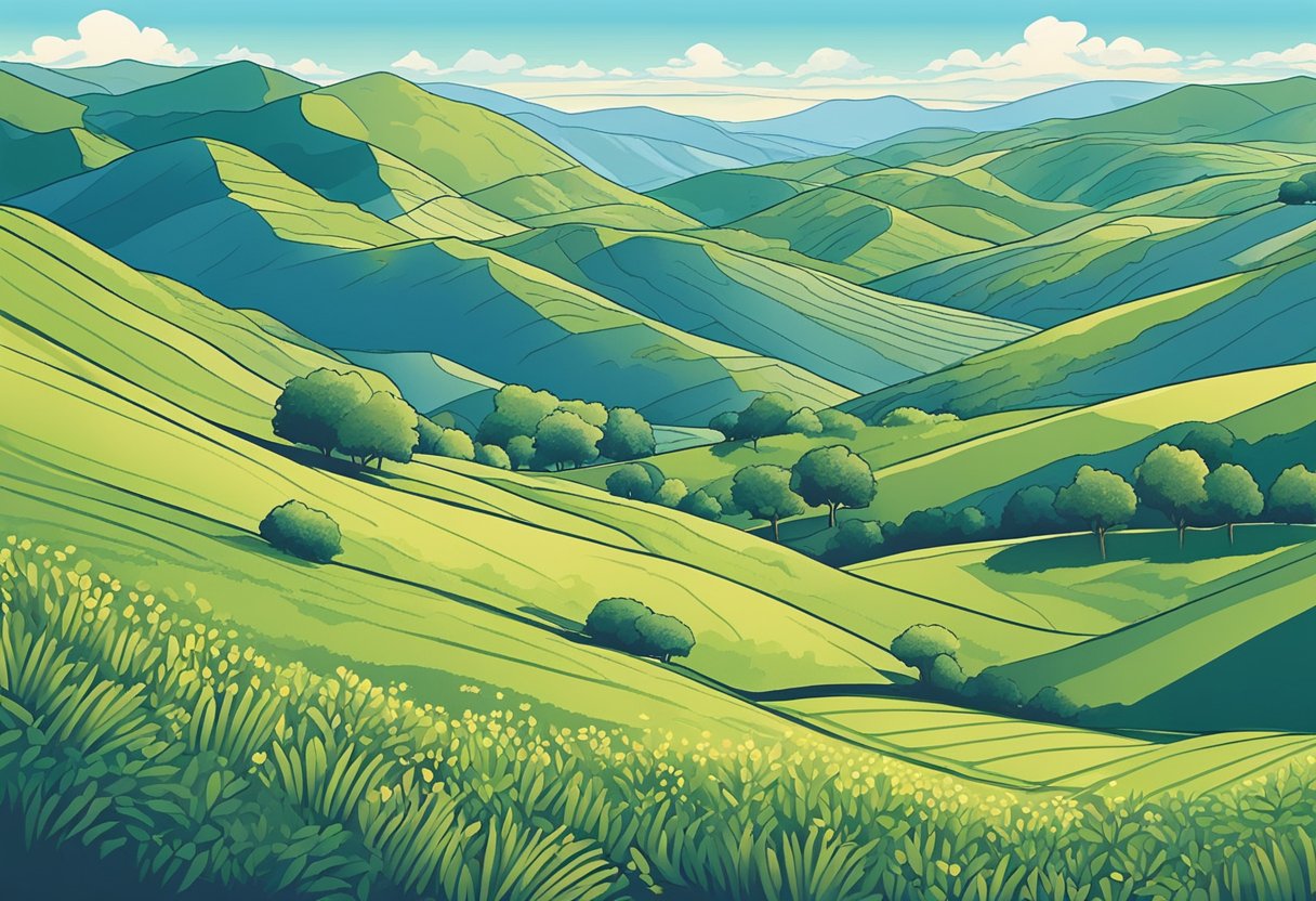 A serene landscape of rolling hills and clear blue skies, with a hint of wildflowers and a gentle breeze
