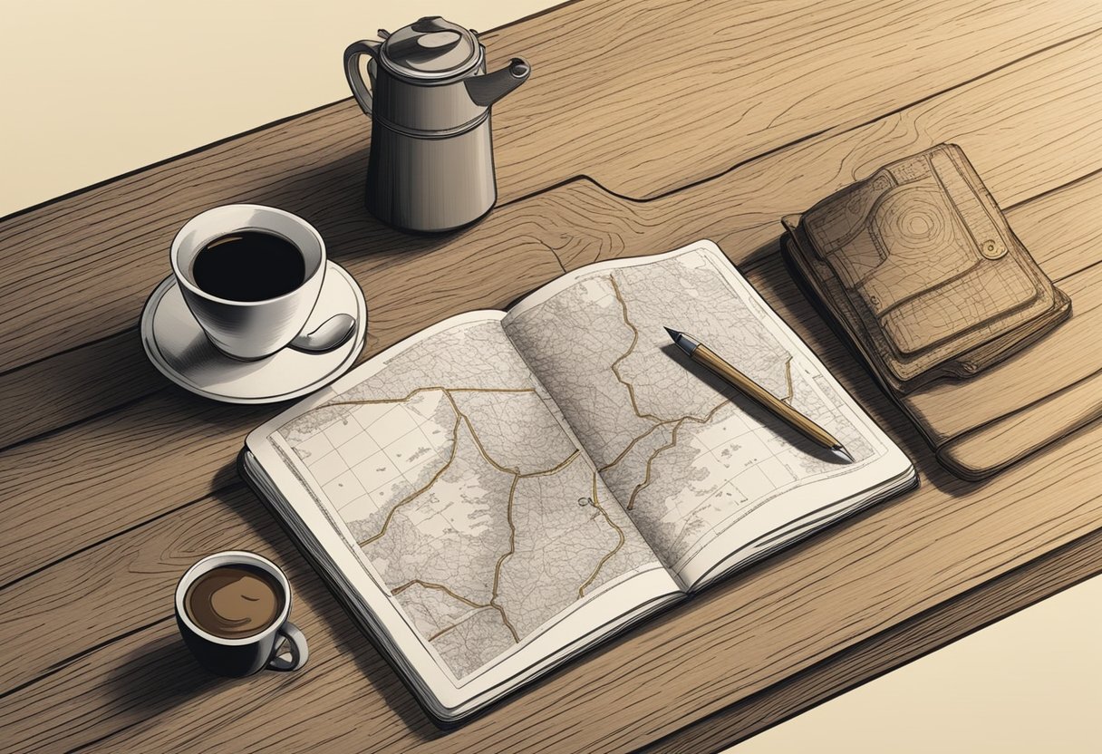 A rustic wooden table with a notebook, pencil, and a map of Wyoming. A cozy atmosphere with warm lighting and a cup of coffee