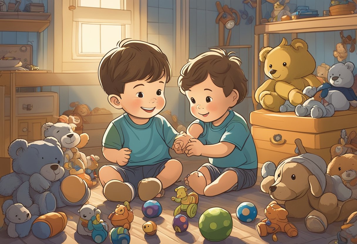 A young boy named Wyatt playing with his new baby brother. They are surrounded by toys and stuffed animals, with a big smile on Wyatt's face