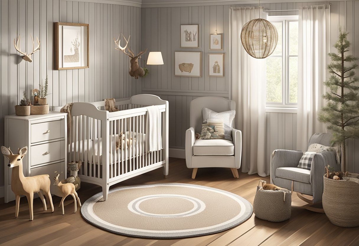 A nursery with a rustic theme, featuring a wooden crib, plaid bedding, and a deer-themed mobile