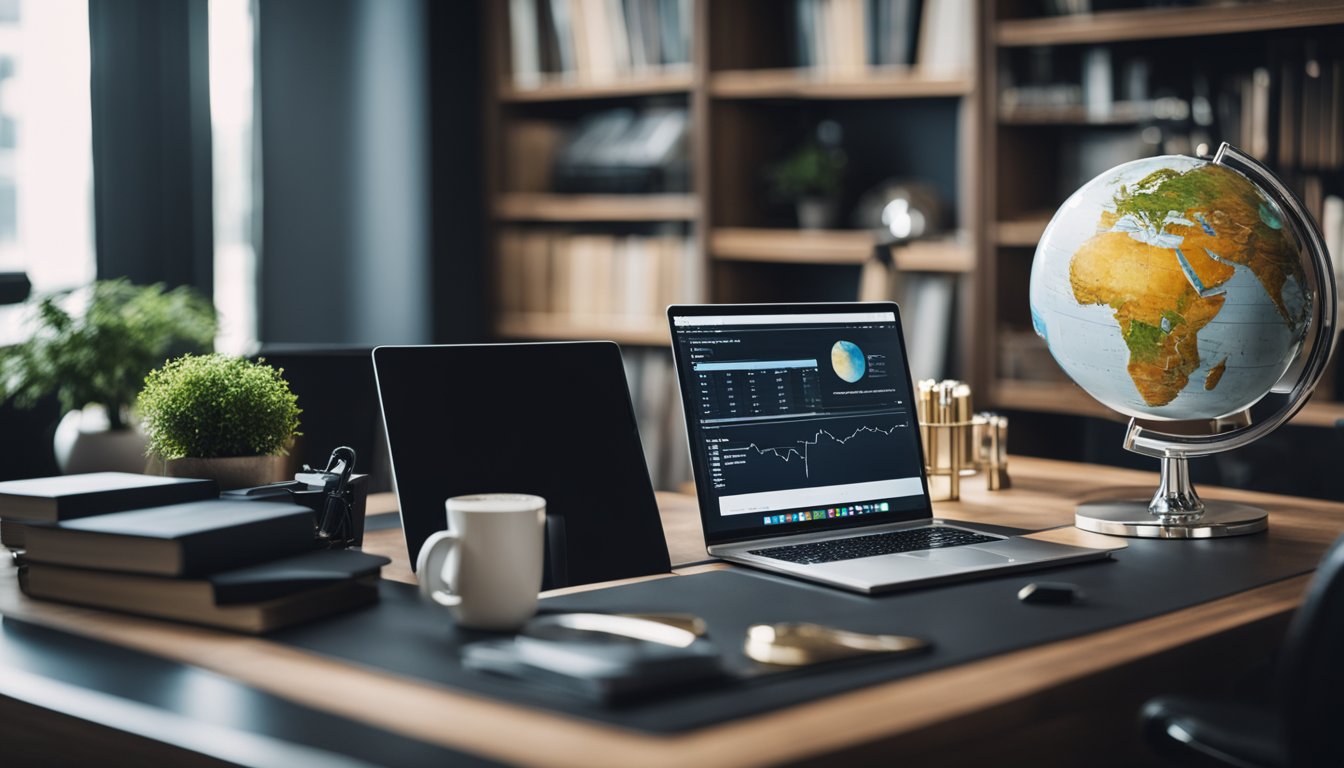 A luxurious office with a modern desk, computer, and bookshelves. A vision board with financial goals and a globe symbolizing global success