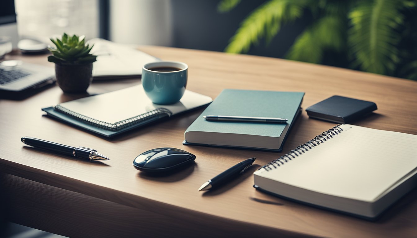 A desk with a laptop, notepad, and pen. A book titled "Les Fondations de la Liberté Financière Blogueur Millionnaire : 7 Stratégies Clés pour Atteindre la Liberté Financière" is