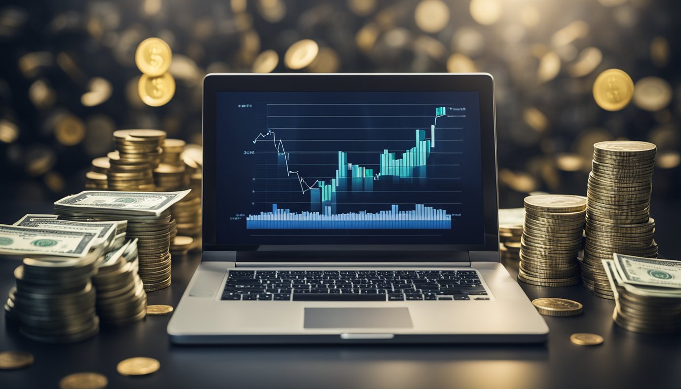 A laptop surrounded by stacks of money and a chart showing exponential growth, symbolizing financial success and freedom