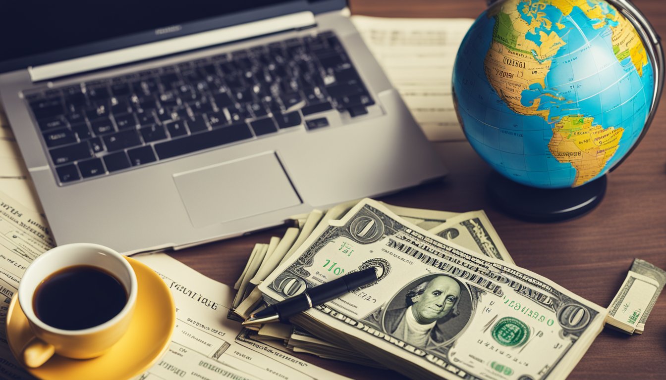 A laptop, notebook, and pen on a desk. A stack of money and a globe in the background. The words "Entrepreneur Blogger Millionaire" written in bold on the wall