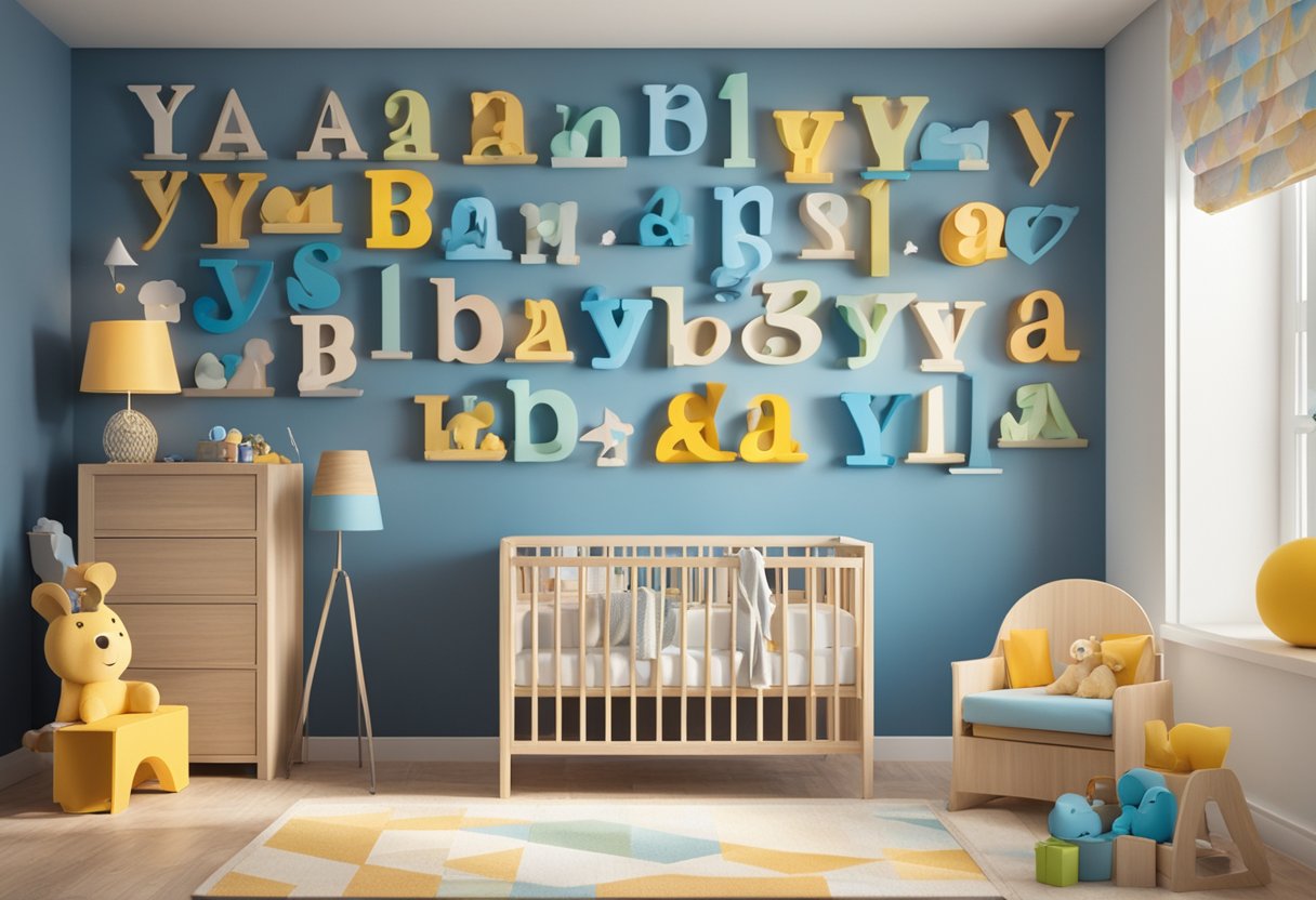 A collection of baby boy names with "ya" written in bold, colorful letters on a nursery wall
