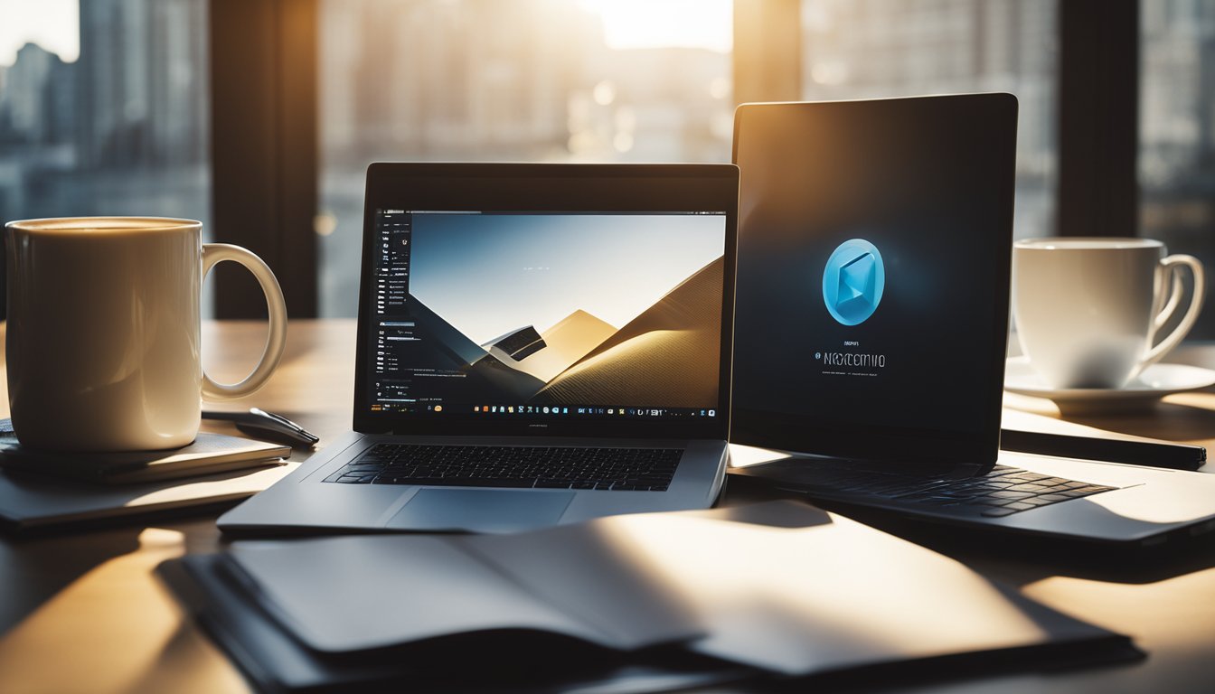 A laptop sits open on a desk, surrounded by notebooks and pens. A mug of coffee steams nearby as the morning sunlight streams through the window, casting a warm glow over the workspace