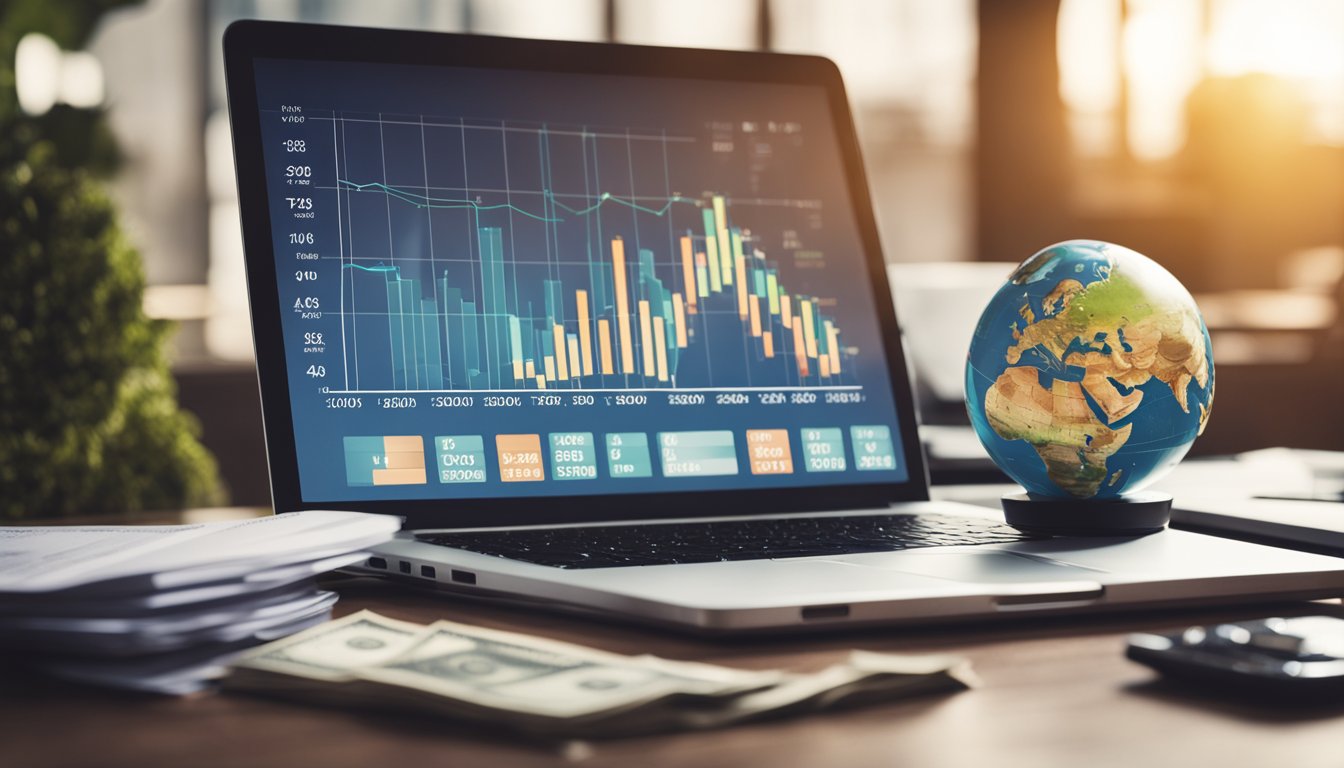 A desk with a laptop, notebook, and pen. A stack of money and piggy bank symbolize savings. A graph shows financial growth. A globe represents global reach