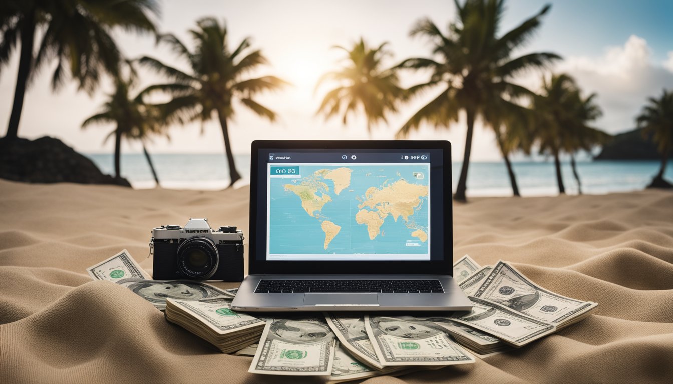 A laptop surrounded by stacks of money, a passport, and a map. A beach background with a hammock and palm trees. An open book with "Blogging for Passive Income" on the cover