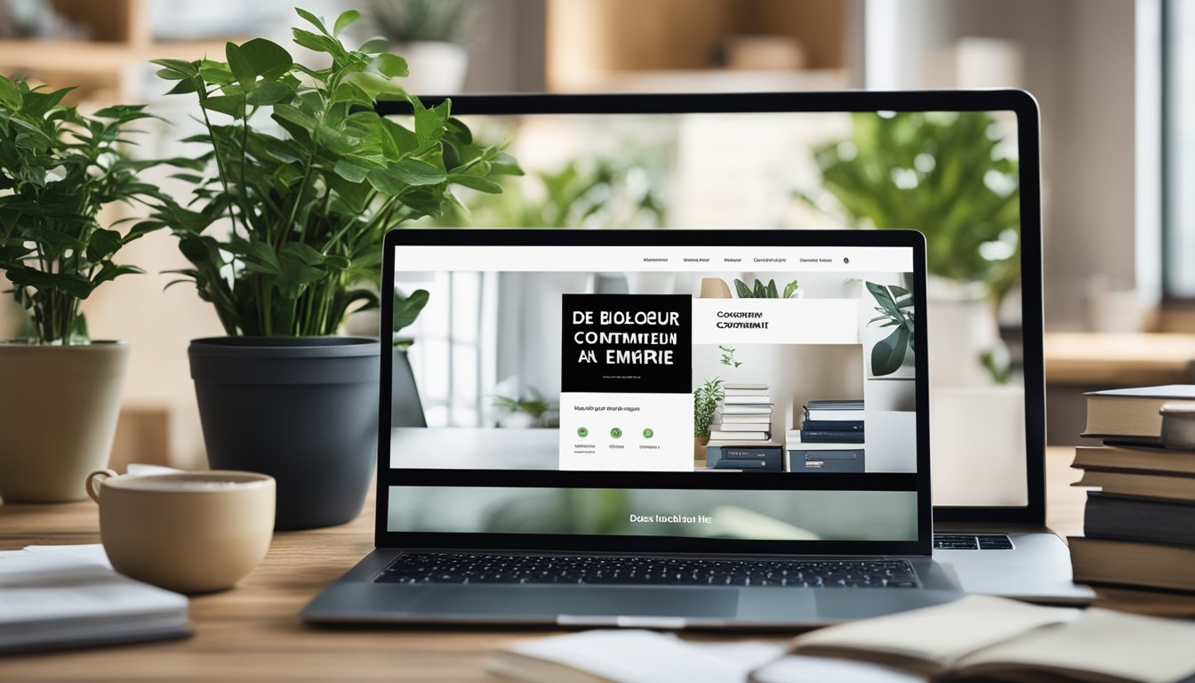 A laptop sits on a desk surrounded by books, a plant, and a mug of coffee. The screen displays a website with the title "De Blogueur à Entrepreneur : Comment Construire un Empire en Ligne."