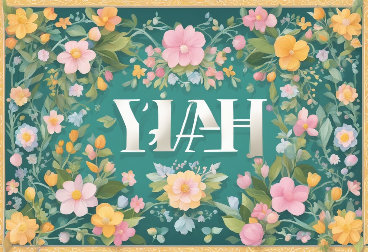 A list of baby girl names ending in "yah" displayed on a colorful chart with decorative borders and floral accents