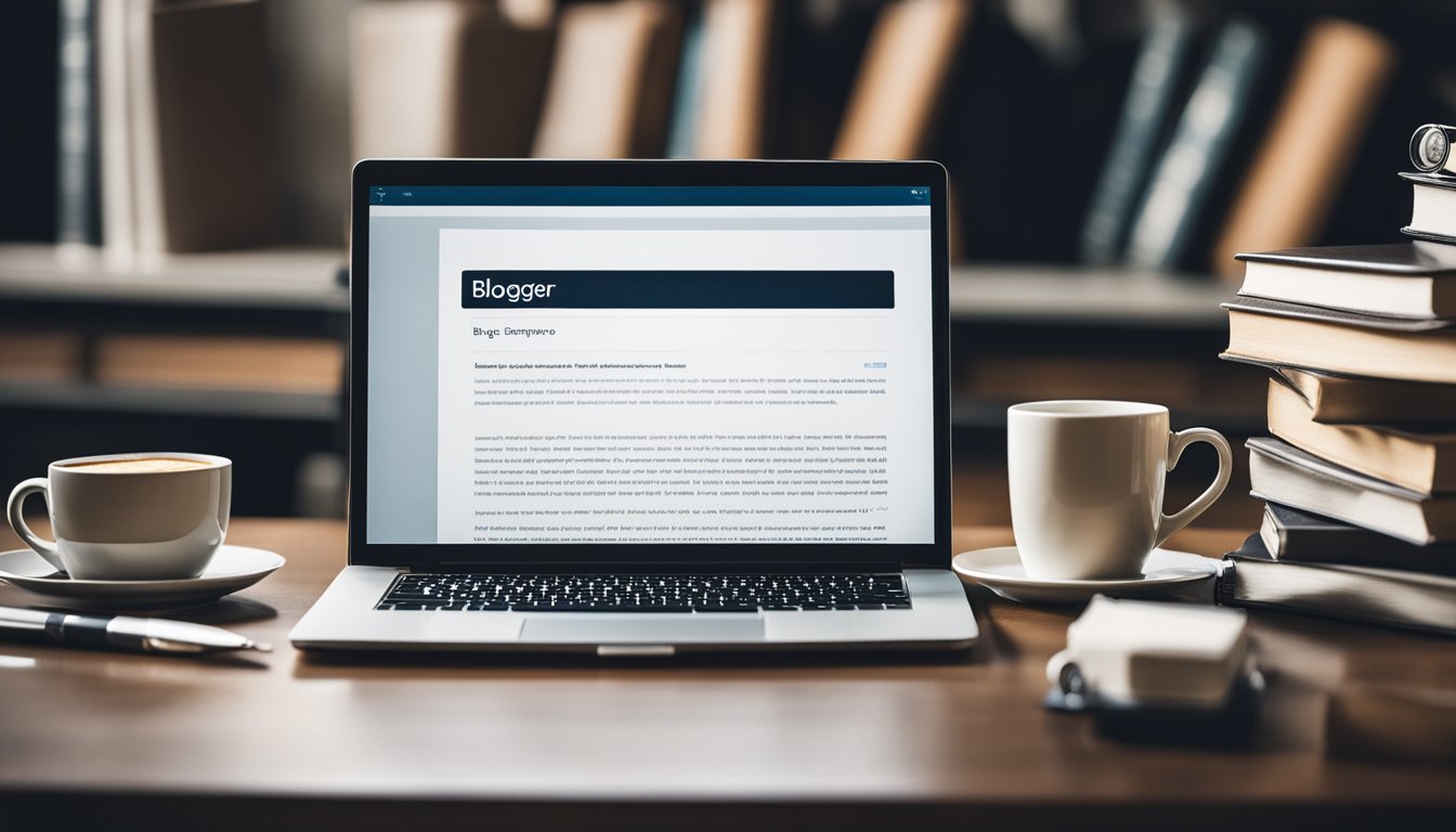 A laptop surrounded by books, a notepad, and a pen. A cup of coffee sits nearby. The screen shows a blog post titled "From Blogger to Entrepreneur: Building an Online Empire."