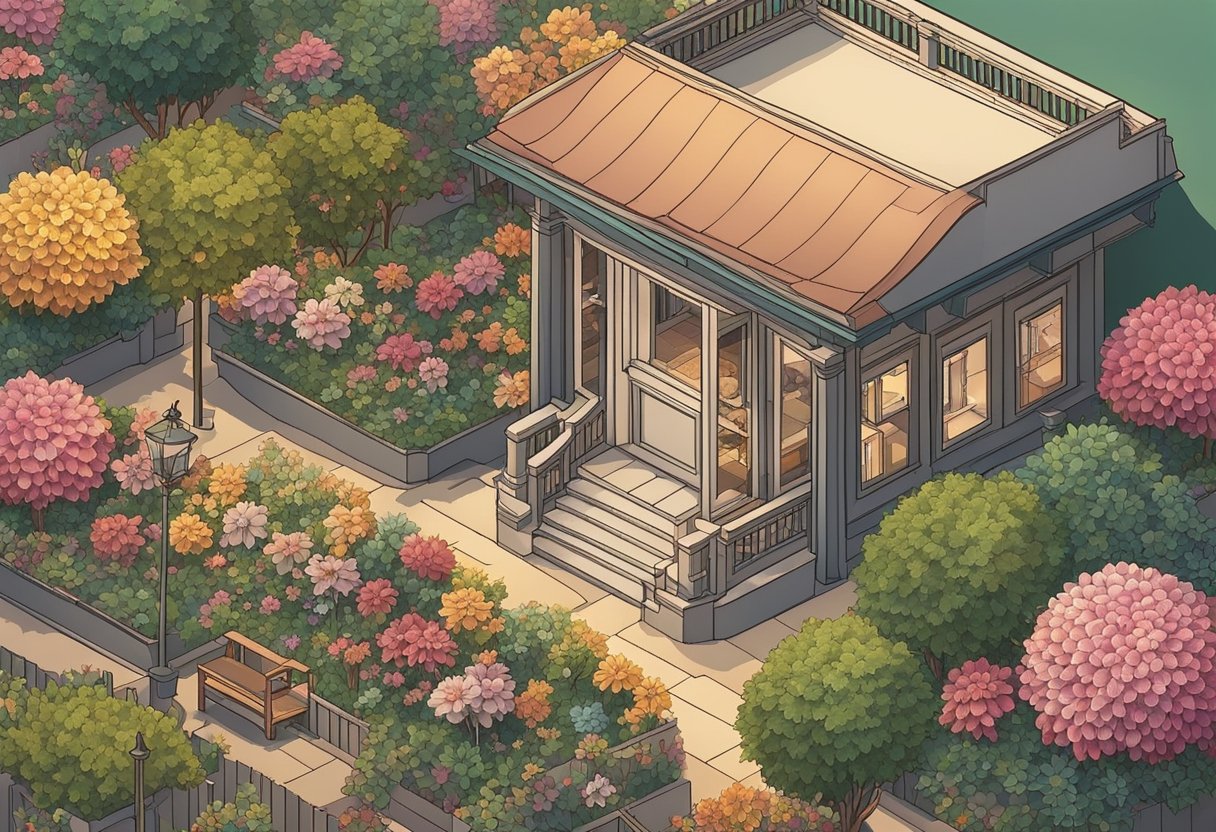 A garden with blooming dahlias, a peaceful beach at sunset, a cozy library with a fireplace, a bustling marketplace with colorful umbrellas