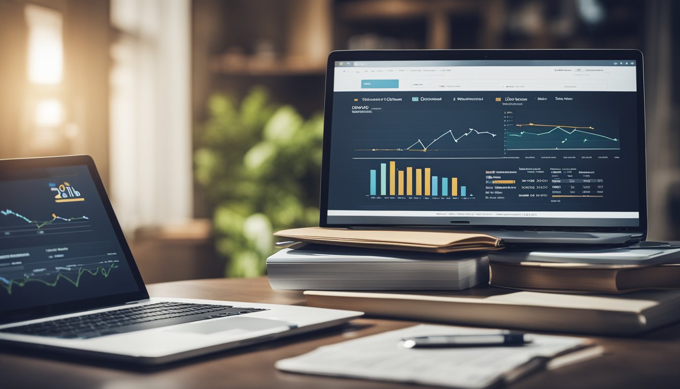 A laptop surrounded by books and a stack of money, with a growth chart in the background, symbolizing the monetization and growth of a blog into a successful online empire