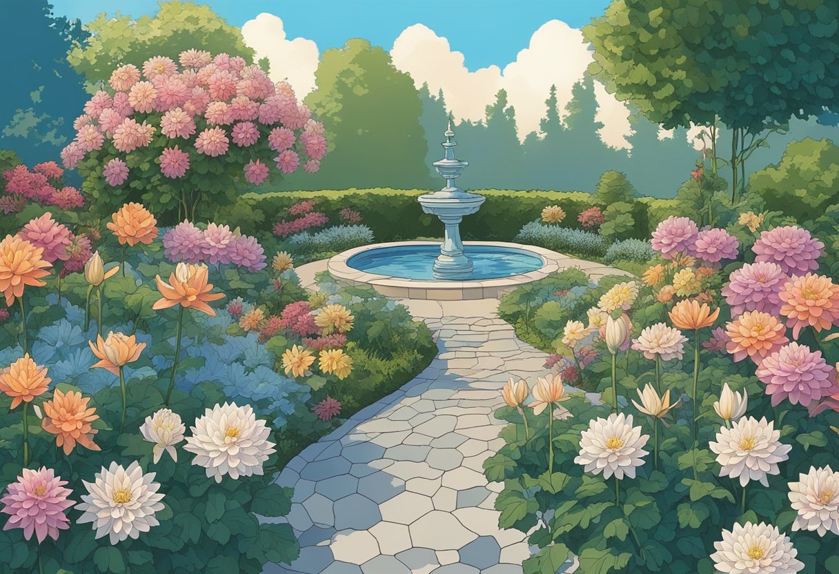 A serene garden with blooming dahlias and lilies, under a clear blue sky
