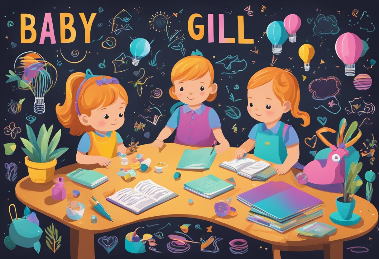 A colorful brainstorming session with a variety of baby girl names ending in "yah" written on a chalkboard surrounded by playful illustrations and vibrant decorations